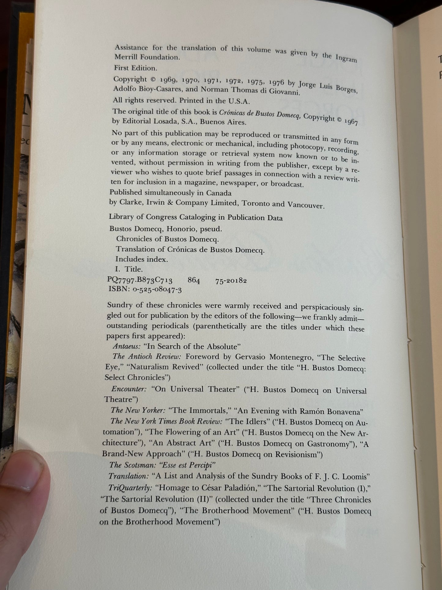 Chronicles of Bustos Domecq by Jorge Luis Borges and Adolfo Bioy-Casares (First Edition)