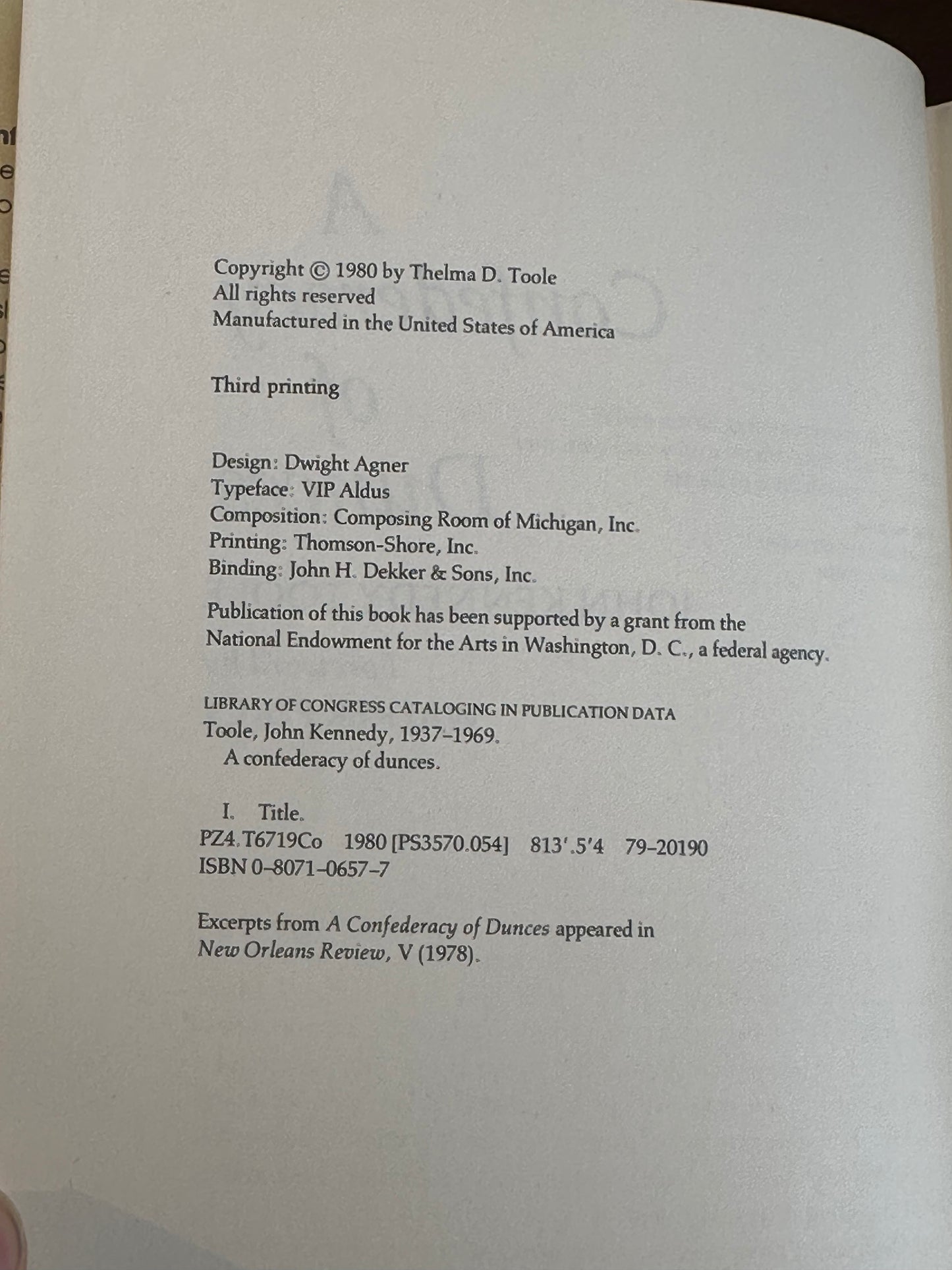 A Confederacy of Dunces by John Kennedy Toole (First Edition)
