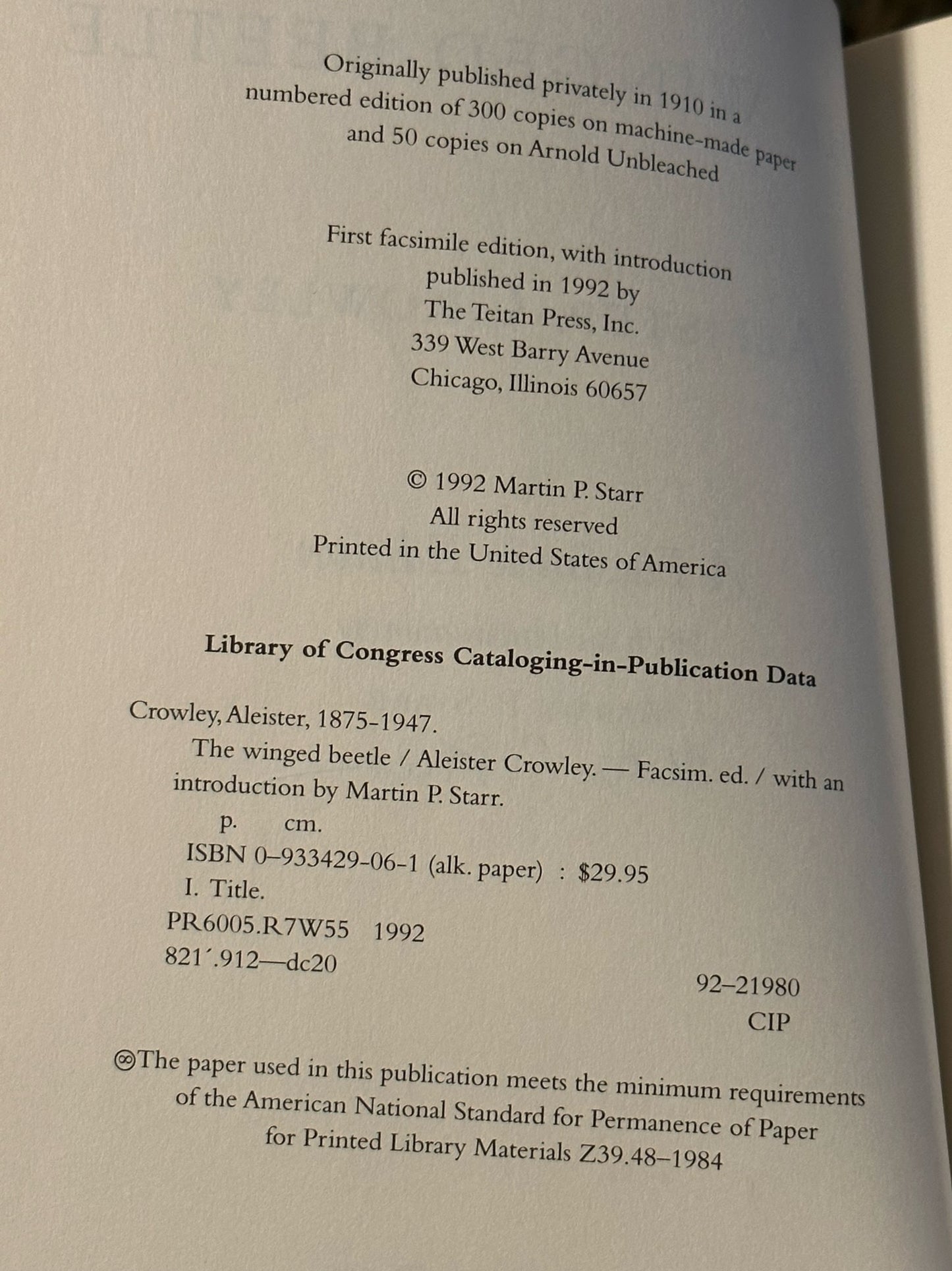 The Winged Beetle by Aleister Crowley (signed)