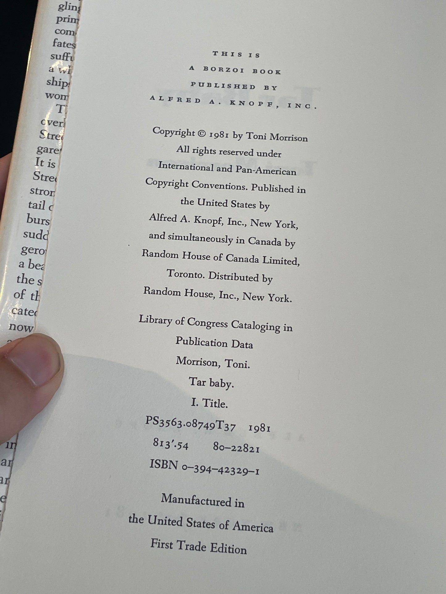 Tar Baby by Toni Morrison (first trade edition)